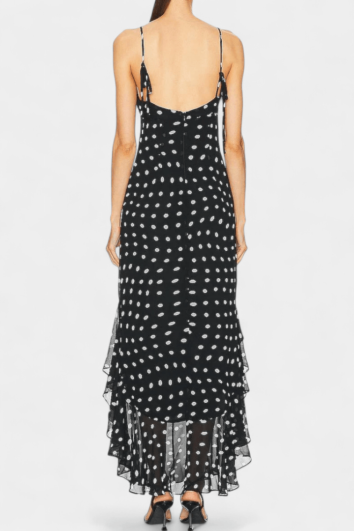 Elegant women's polka dot midi day dress with adjustable straps. Perfect for chic feminine summer style.