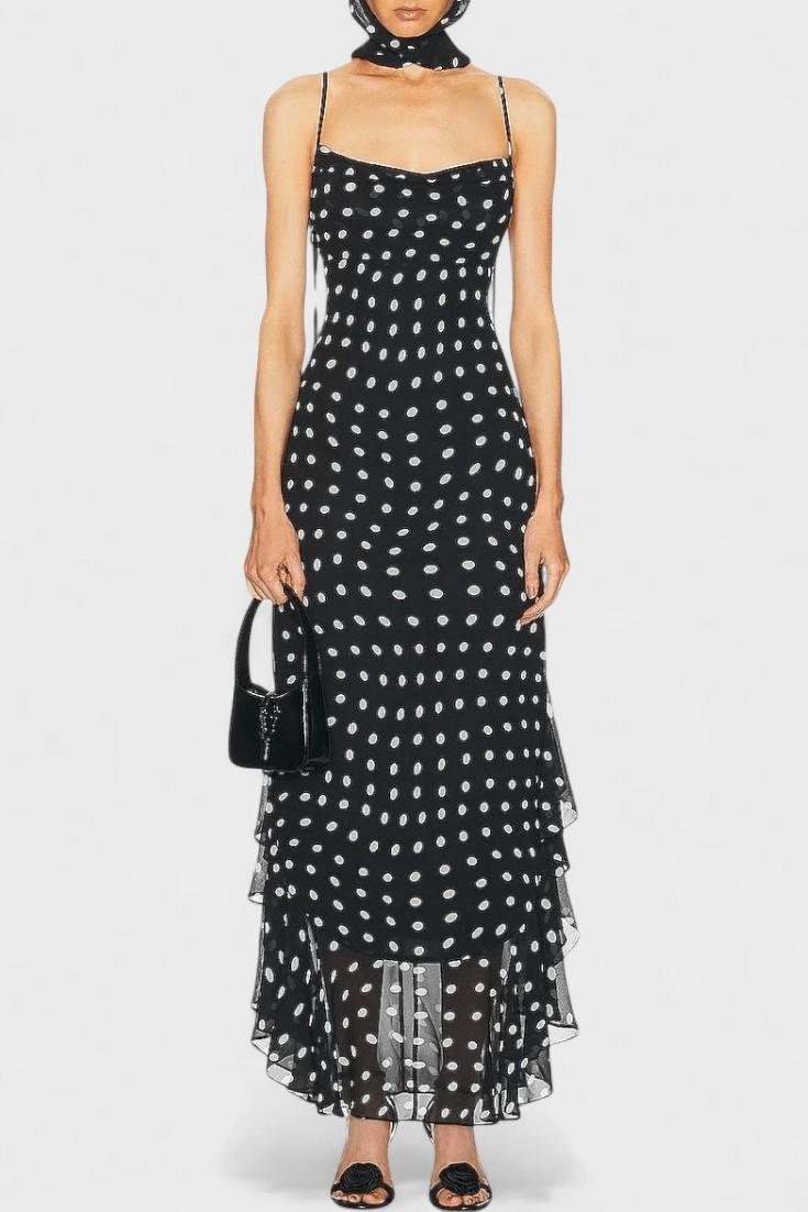Women's elegant polka dot midi dress with adjustable straps, perfect for summer fashion & versatile style.