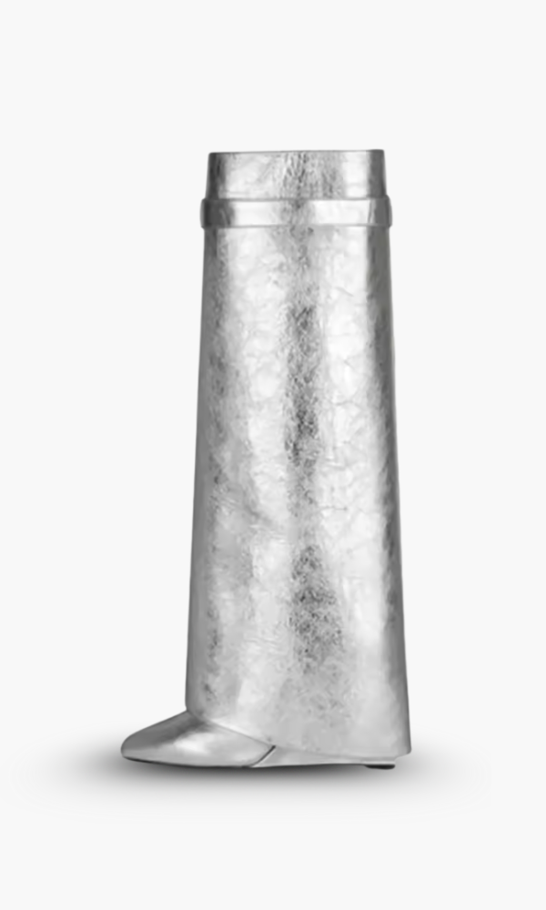 Elegant women's knee-high boots, sculptural wedge, glossy finish, suitable for avant-garde style.