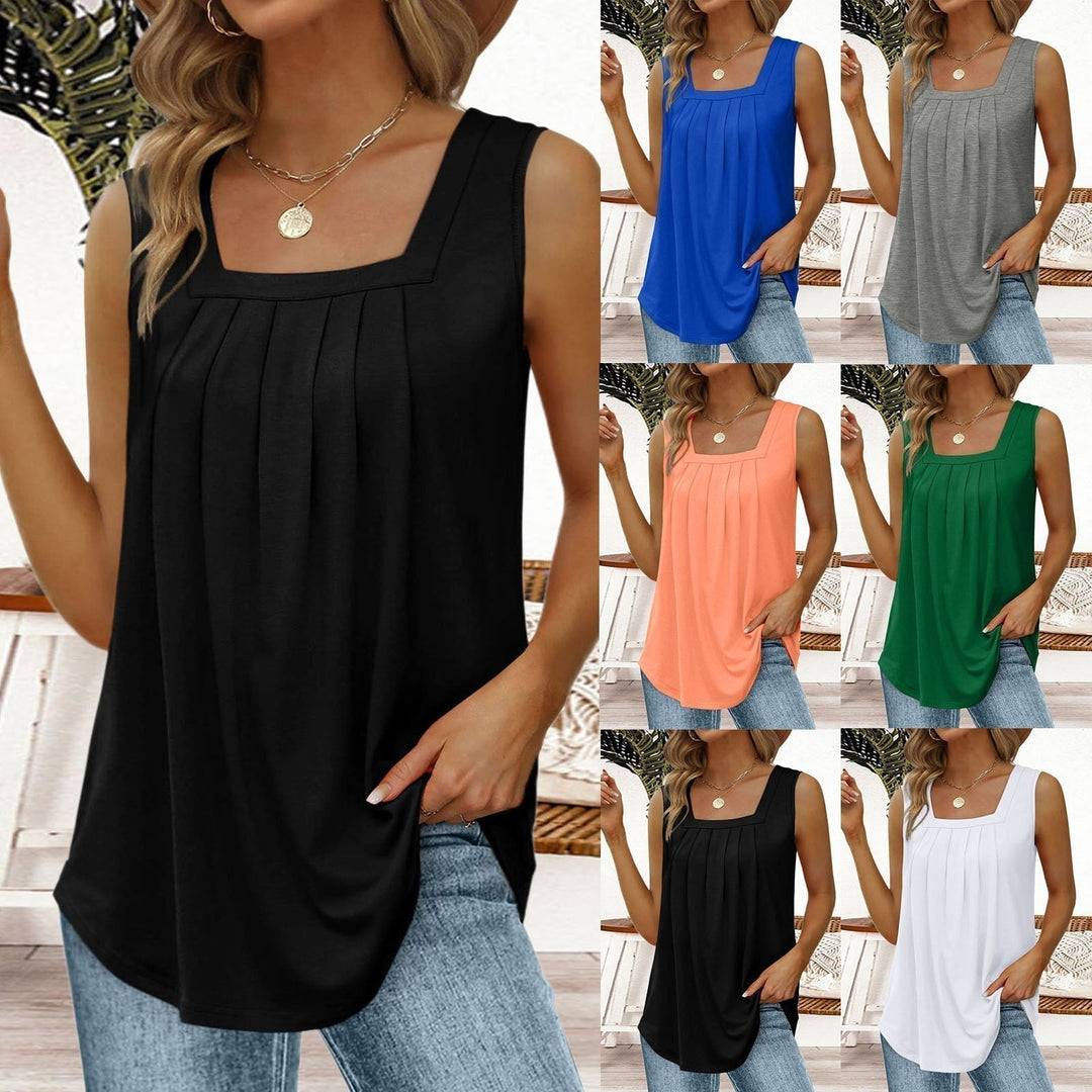 Close-up of a women's square neck sleeveless top. Chic design for versatile casual and elegant everyday fashion.