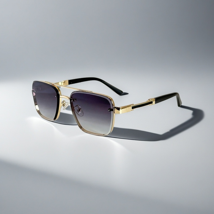 Fashion-forward unisex sunglasses: squared gold frame, gradient lenses, essential for summer.
