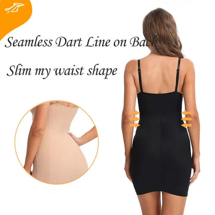 Slimming women's full body shaper slip dress, creating a smooth, streamlined foundation for a flawless under-dress silhouette.