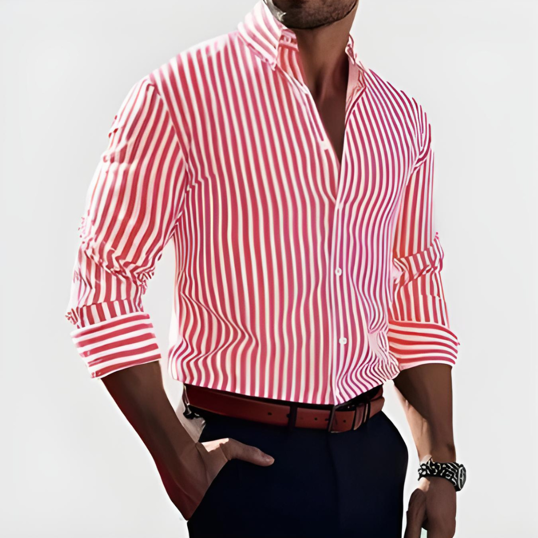 Tailored men's striped dress shirt, long-sleeve, ideal for professional office wear or a sophisticated formal look.