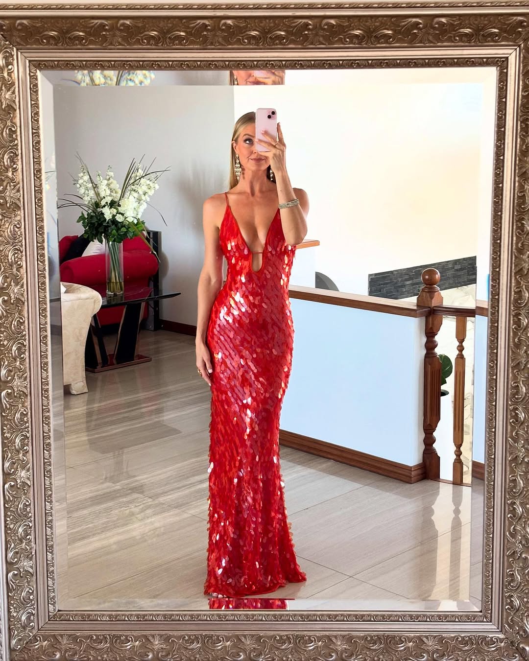 V-neck red sequin maxi party dress for women, a dazzling and glamorous evening gown.