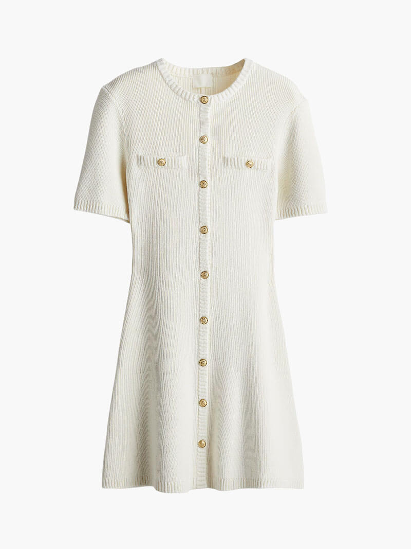 Elegant women's fitted mini dress, featuring stylish gold buttons. A versatile chic dress for spring & fall.