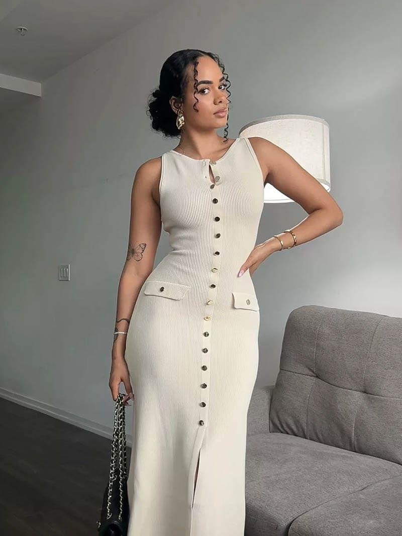 Comfortable and chic women's sleeveless maxi dress, a versatile button-front style for your next vacation.