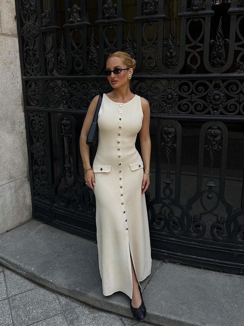 Elegant women's sleeveless button-front maxi dress, perfect for summer casual or dressy occasions.