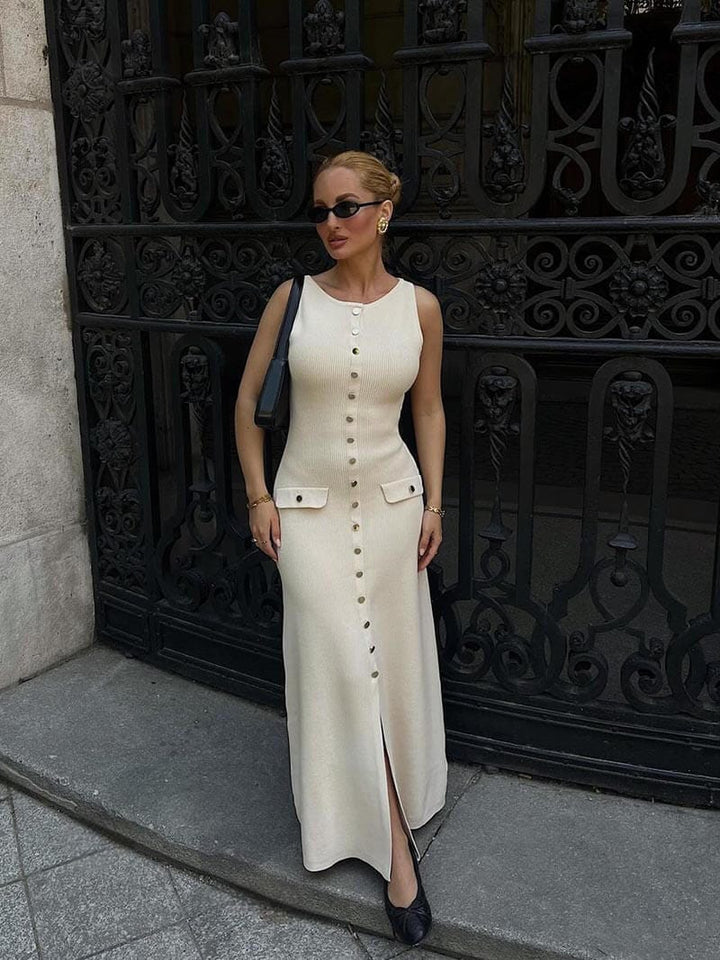Elegant women's sleeveless button-front maxi dress, perfect for summer casual or dressy occasions.