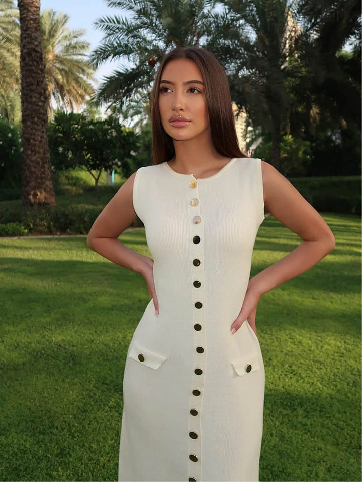 Fitted sleeveless maxi dress for women with stylish button-front detail, ideal for day to night wear.
