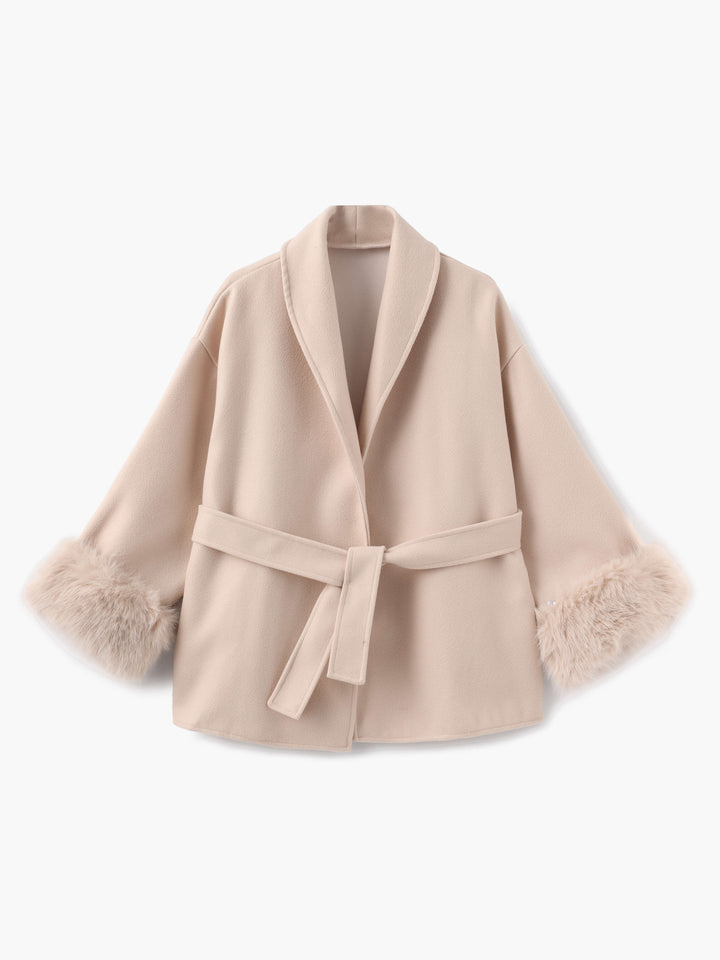 Chic women's jacket with a tie waist and stunning faux fur cuffs, perfect for winter elegance.