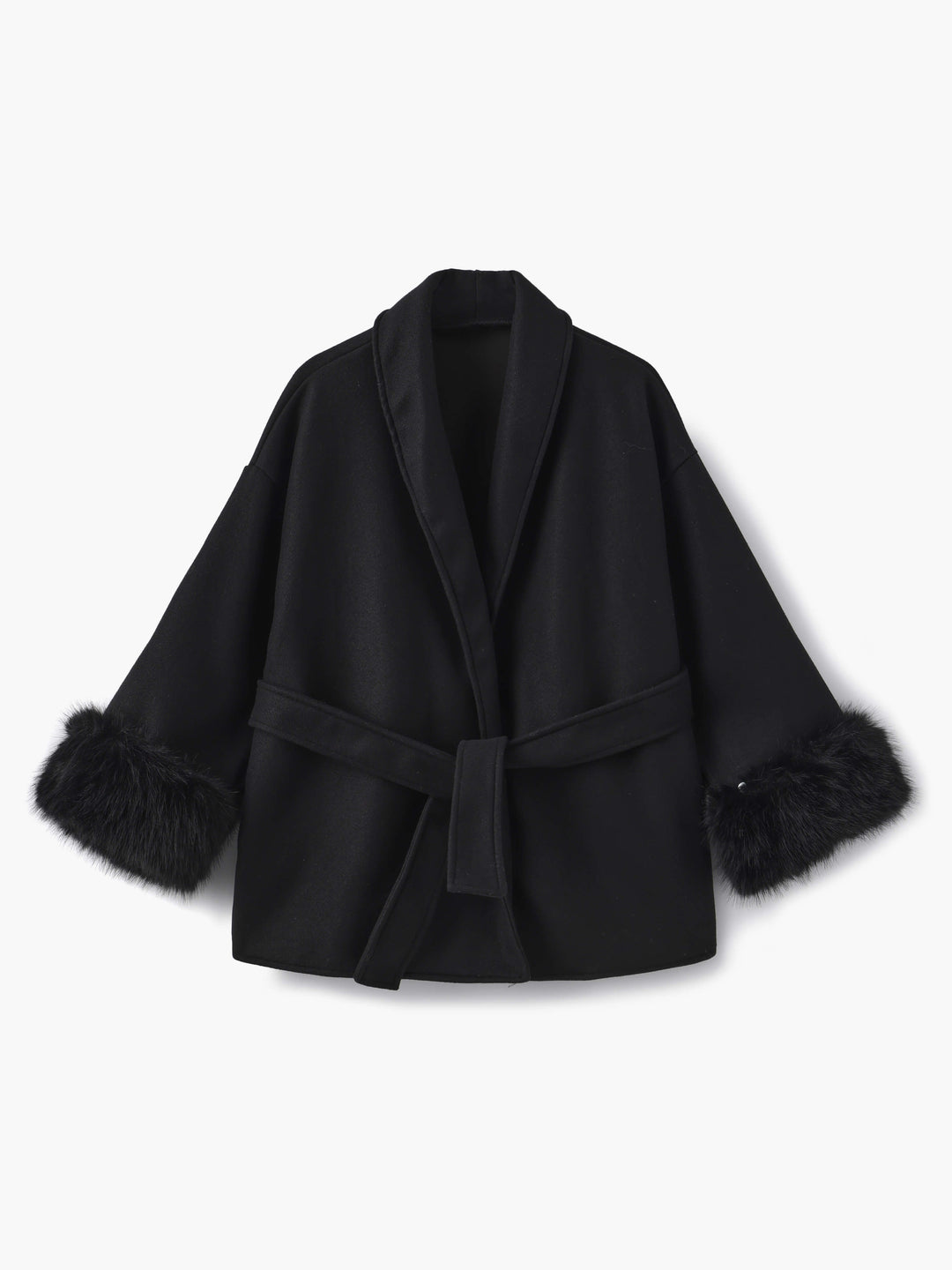 Sophisticated women's belted coat, a long wrap design with opulent faux fur cuffs.