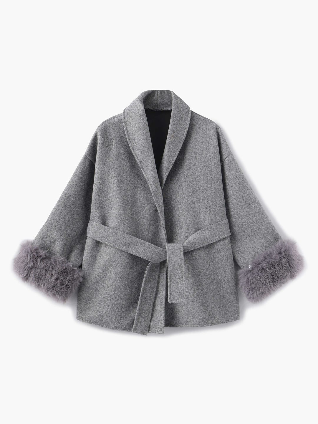 Stylish women's wrap jacket, ideal for winter, featuring a tie waist and plush faux fur cuffs.