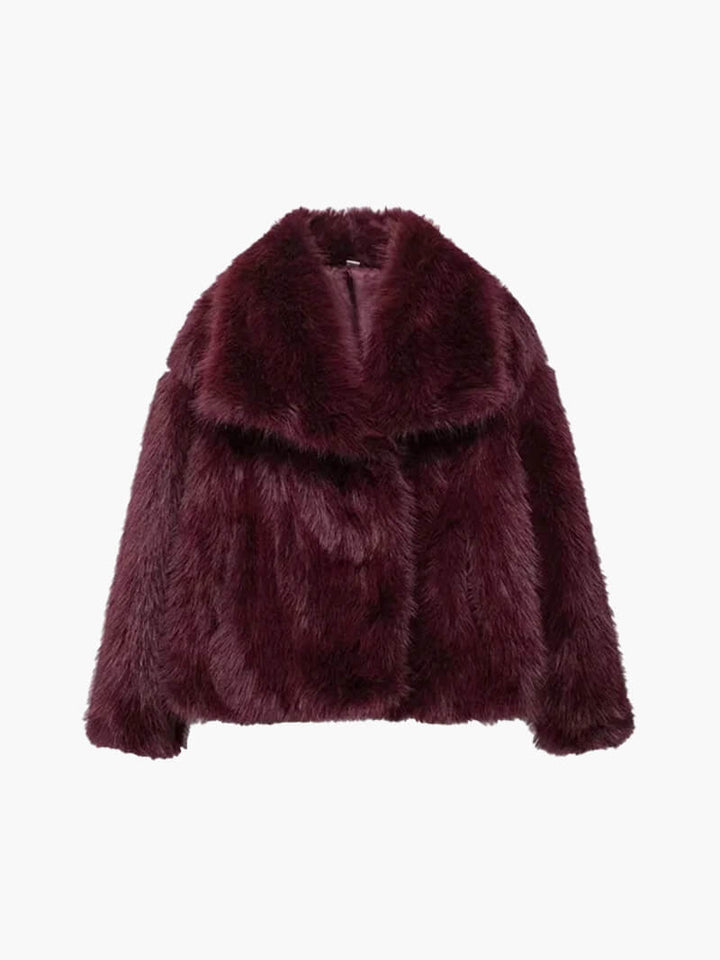 Classic brown women's winter jacket with a wide lapel design, ensuring elegance and warmth.