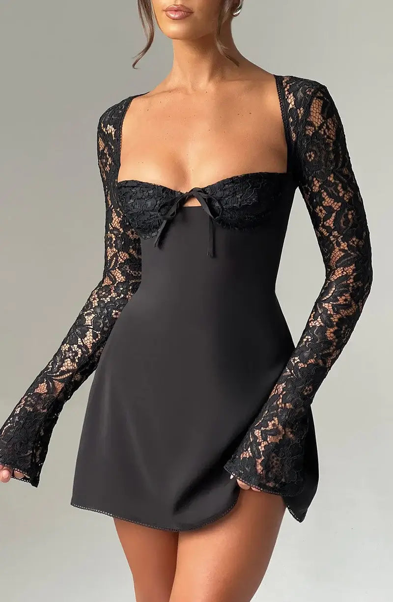 Women's elegant special occasion mini dress. Features intricate lace sleeves and a flattering fit & flare style.