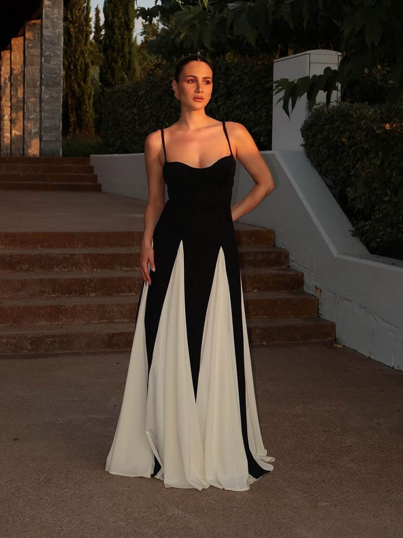 Striking black & white contrast long maxi dress, a sophisticated choice for formal women's wear.