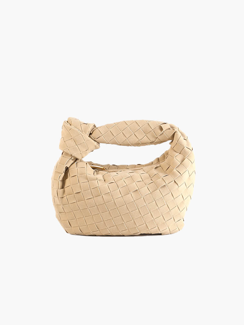 Compact women's braided suede handbag, perfect for carrying essentials.