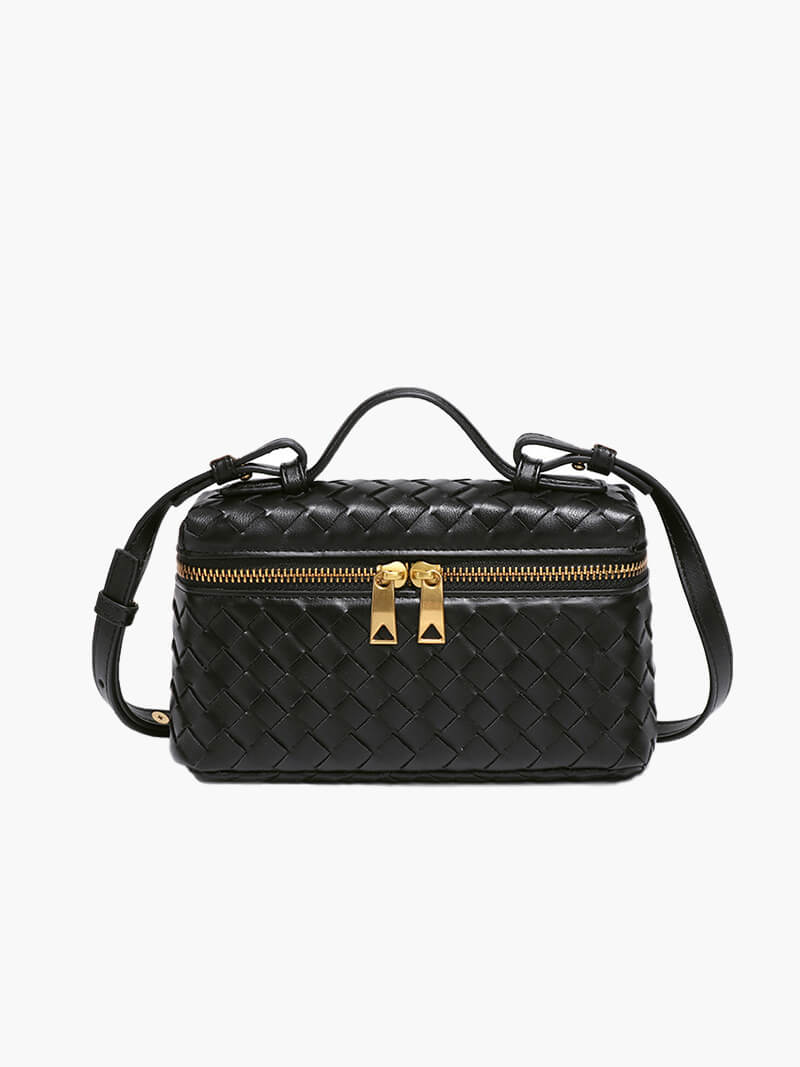 Elegant woven compact shoulder bag for women, featuring a chic design and gold accents.