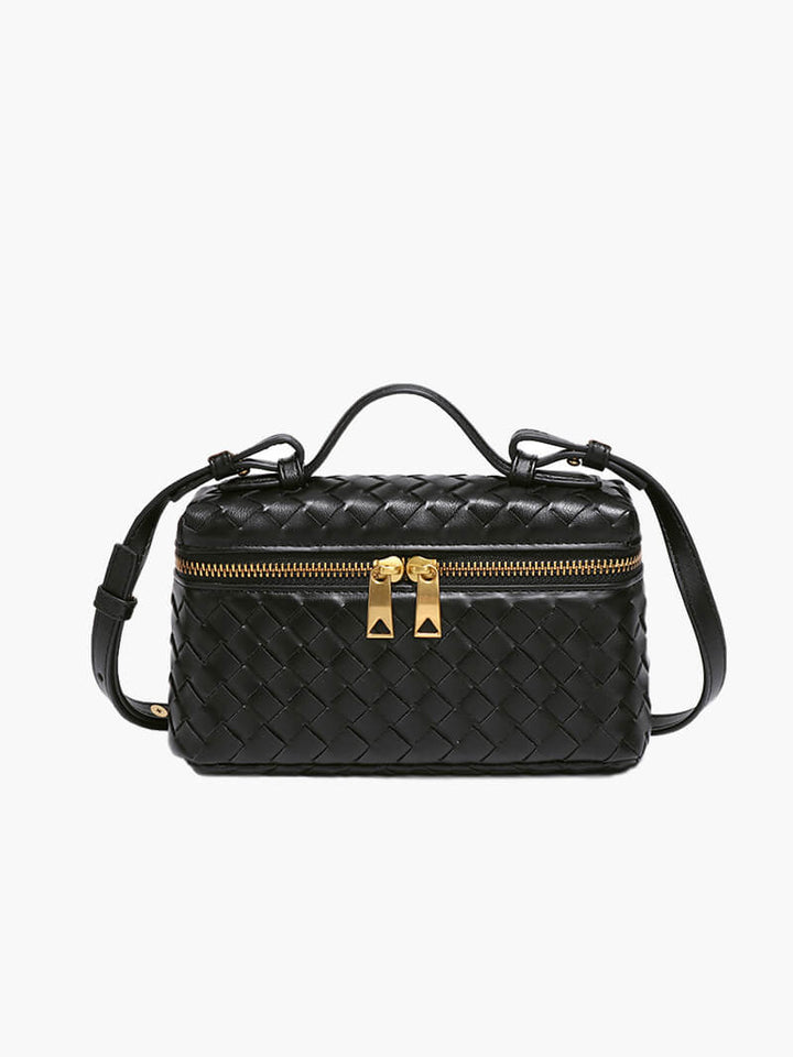 Elegant woven compact shoulder bag for women, featuring a chic design and gold accents.