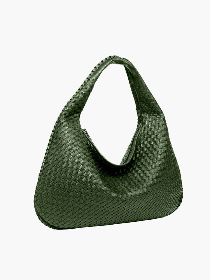 Fashion accessory: an elegant woven shoulder bag for women, crafted from premium vegan leather.