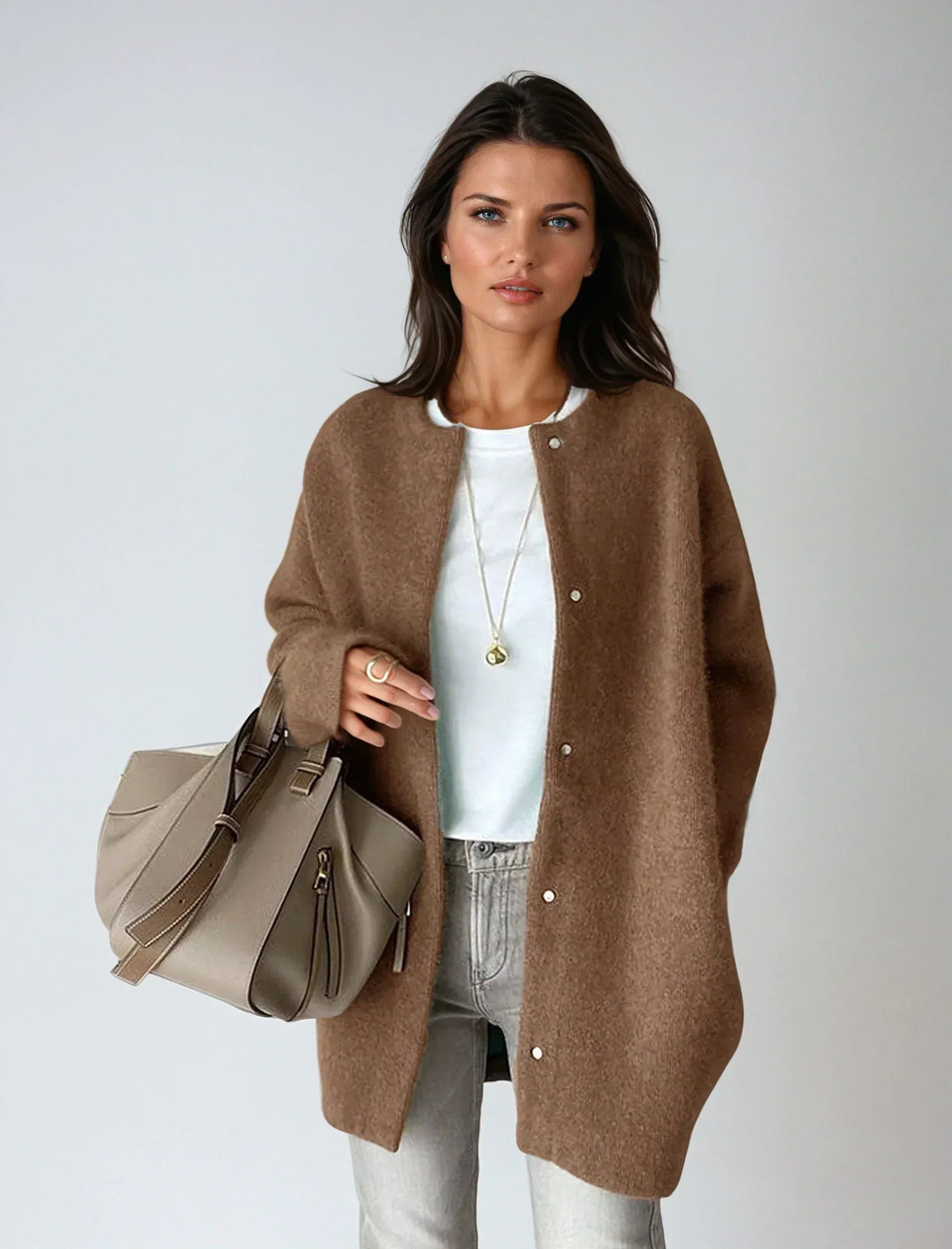 Warm women's knit wool blend cardigan sweater with button-front closure, ideal for cozy style.