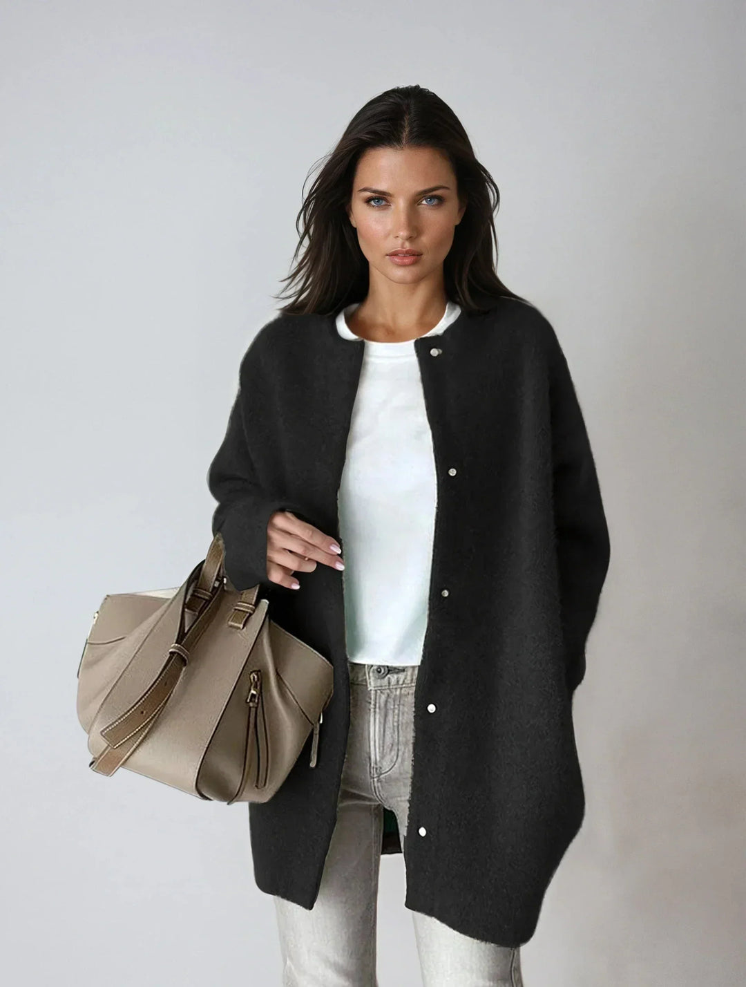 Cozy women's wool blend button-front cardigan sweater, a versatile knit for warm autumn & winter wear.
