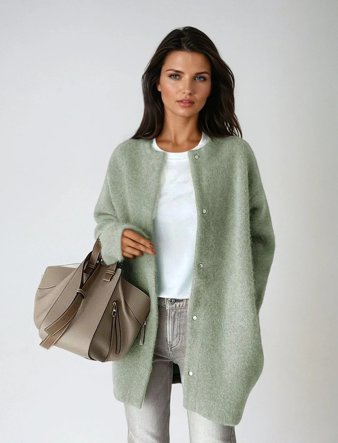 Soft & warm women's wool blend button-down cardigan, an essential knit sweater for autumn fashion.