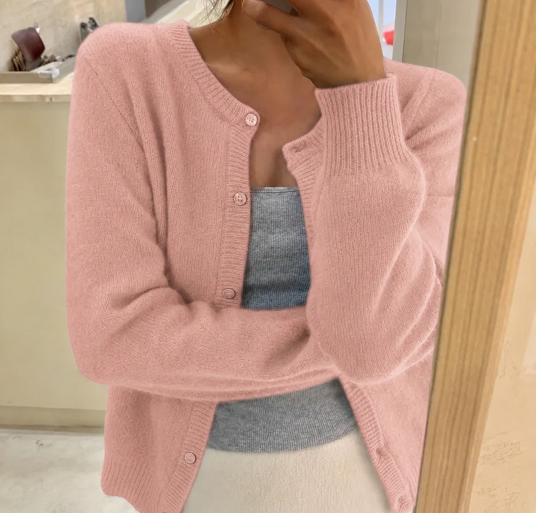 Fluffy women's cardigan, round neck, button front. Soft, cozy, cropped for casual fall/winter layering style.