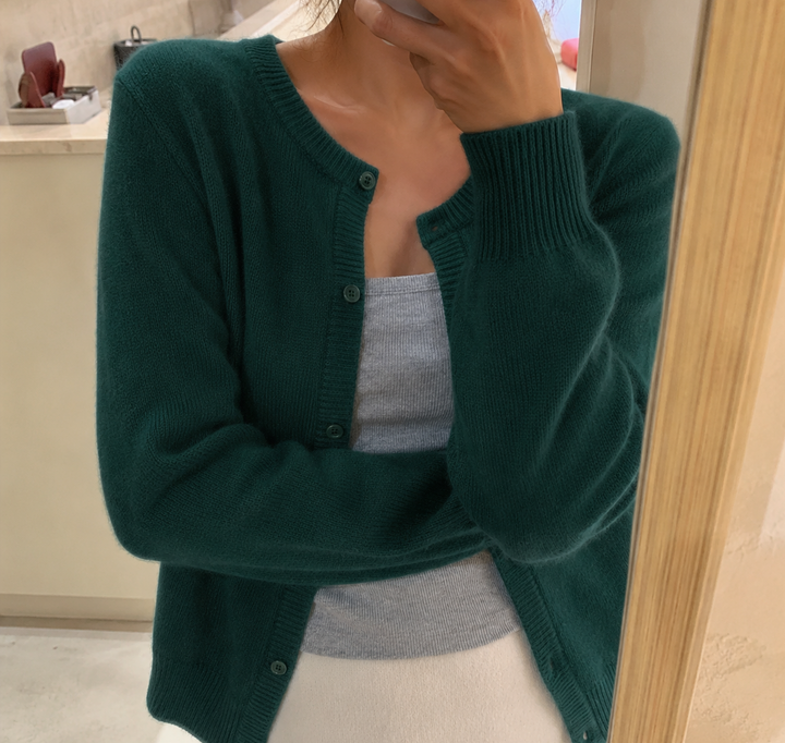 Women's fluffy round neck button-front cardigan. Soft, cozy, perfect for casual everyday fall & winter layering.