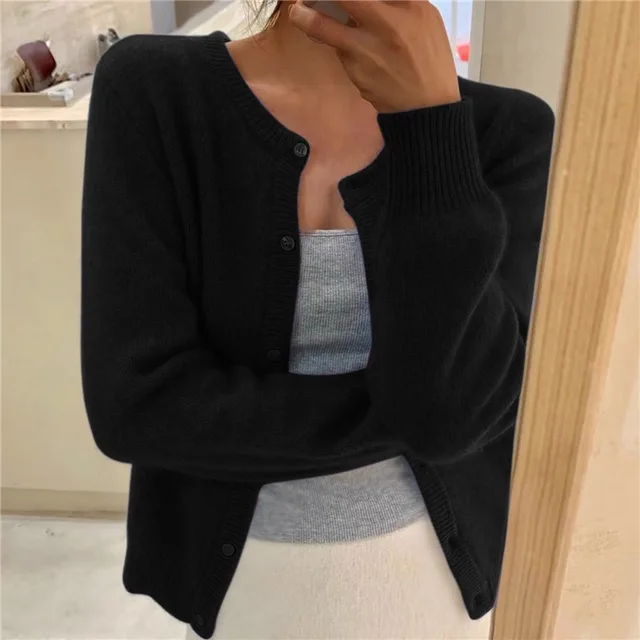 Cozy fluffy women's cardigan, round neck button-front. Soft texture, perfect for fall/winter layering style.