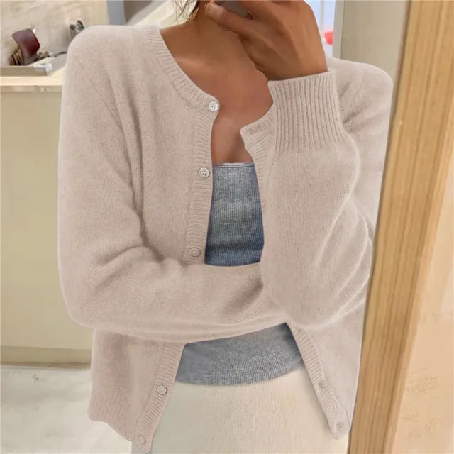 Casual fall fashion women's fluffy cardigan. Round neck, button front for warm winter style and comfort.