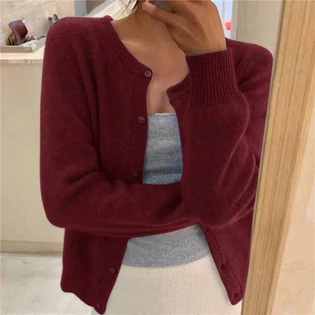Women's fluffy button-front cardigan for easy layering. Round neck, soft & cozy everyday fall/winter fashion.