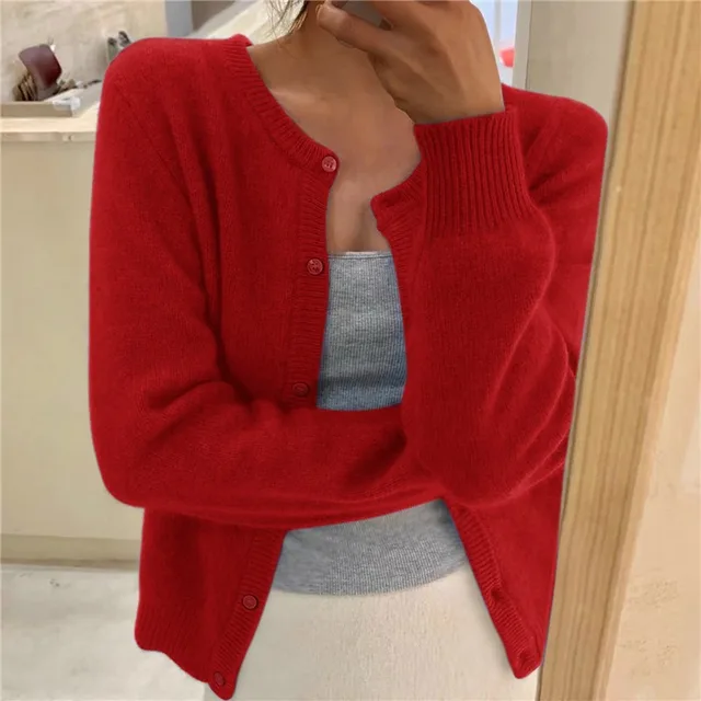 Round neck women's fluffy cardigan with button front, a soft & cozy cropped style for casual everyday wear.