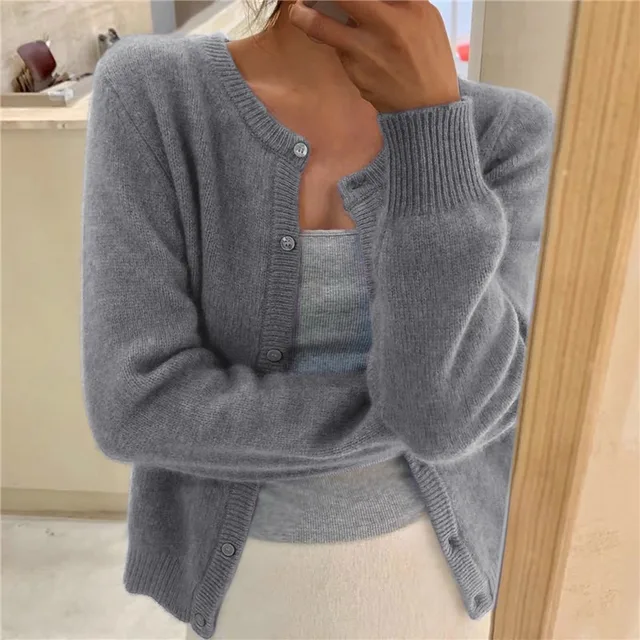 Women's fluffy round neck cardigan with button front. Soft & cozy, ideal for casual everyday layering.