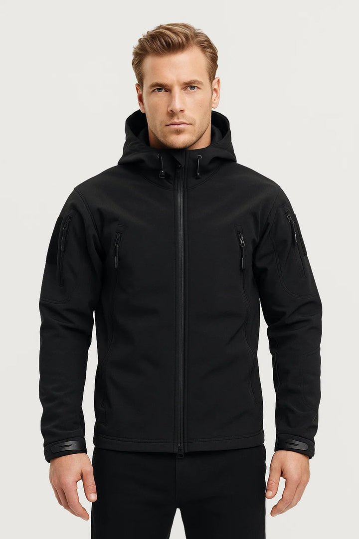 Men's black lightweight hooded functional jacket for casual everyday wear. Perfect zip outerwear for outdoor activities.