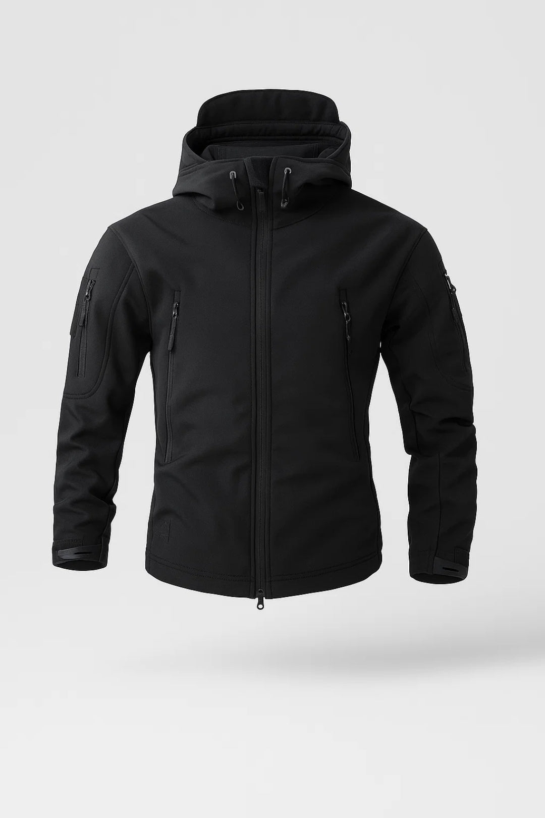 Sporty men's black hooded zip jacket, ideal lightweight outerwear for outdoor activities & casual everyday fashion.