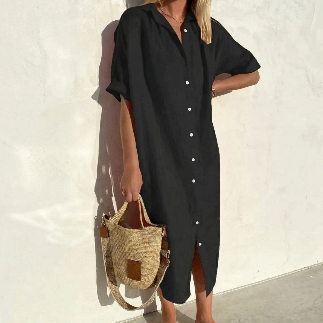Comfortable women's oversized midi shirt dress. Relaxed fit, short sleeves, easy-to-wear casual all-season style.