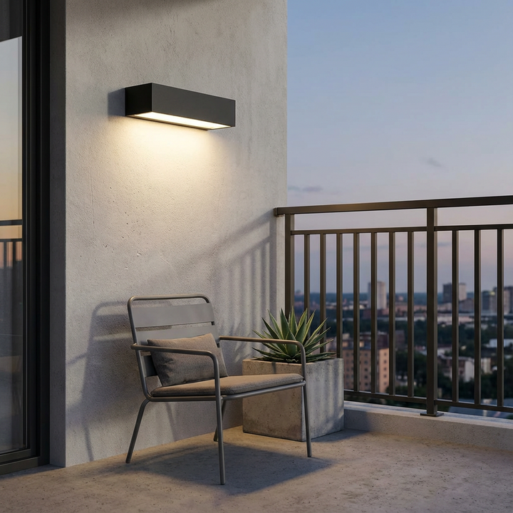 Energy-saving solar LED wall light with dusk-to-dawn for modern garden & pathway illumination.