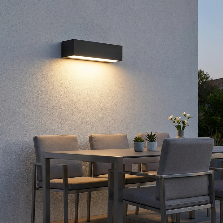 Minimalistic solar wall lamp, IP65 waterproof, ideal for contemporary garden & facade pathway lighting.