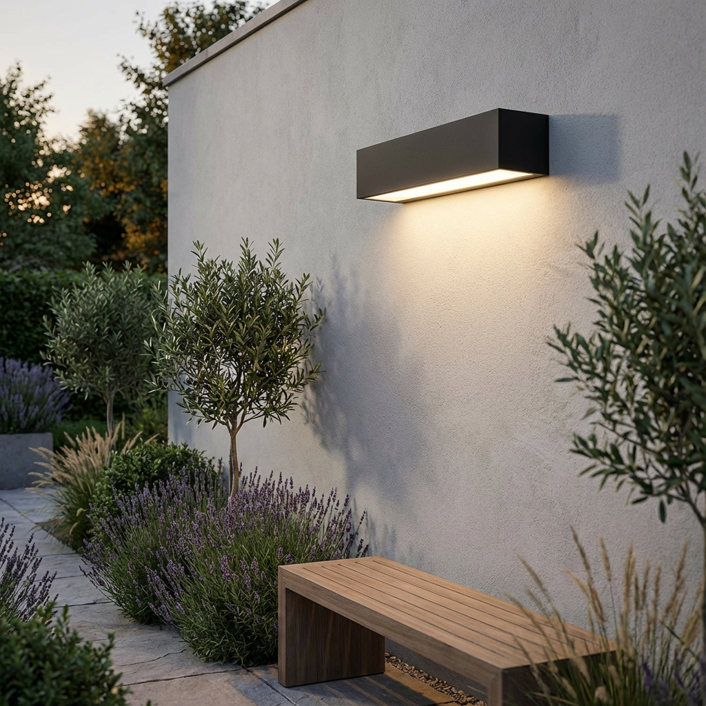Sleek modern solar LED outdoor wall light, wireless & energy-saving for bright garden & pathway illumination.