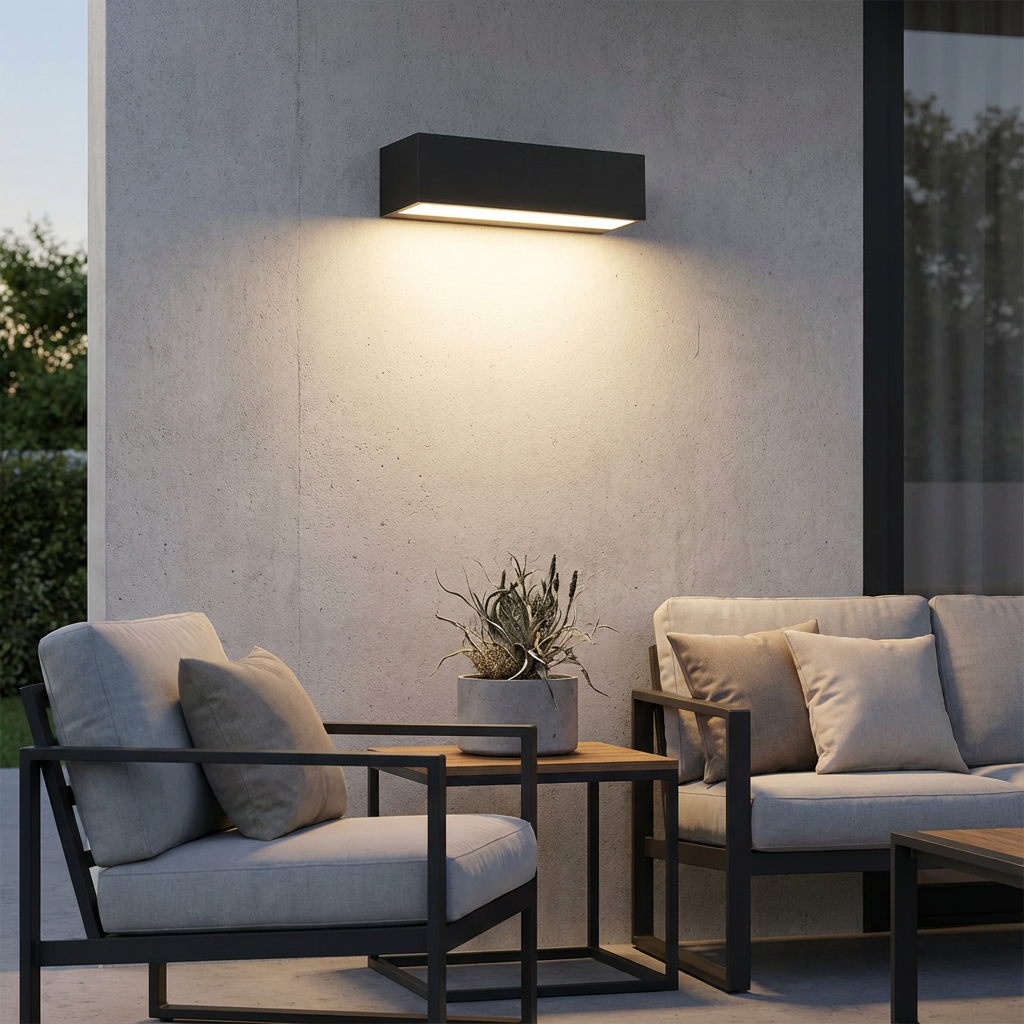 Wireless solar LED wall lamp, IP65 waterproof, perfect for garden, pathway, or facade lighting.