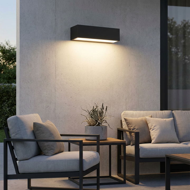 Wireless solar LED wall lamp, IP65 waterproof, perfect for garden, pathway, or facade lighting.