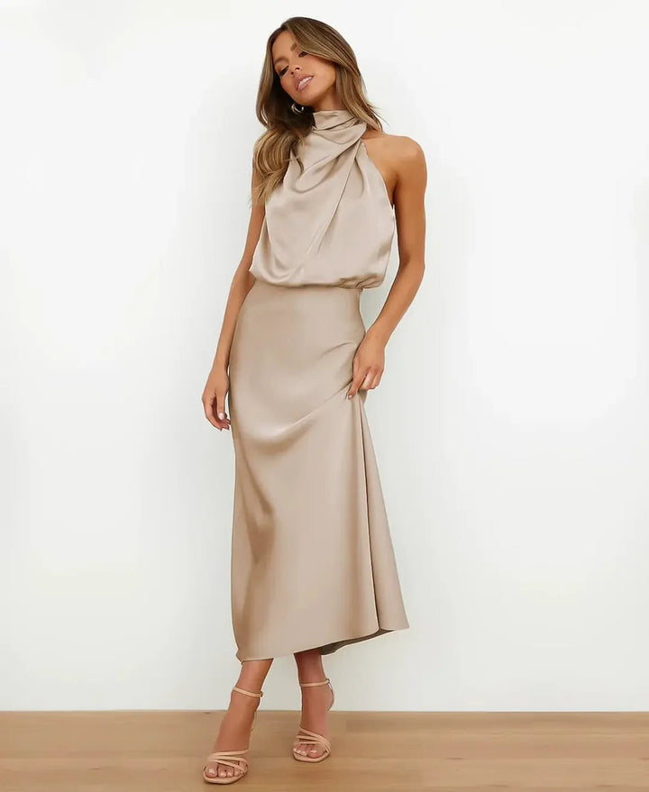 Elegant high-waist midi dress for women, perfect for parties and occasion wear.