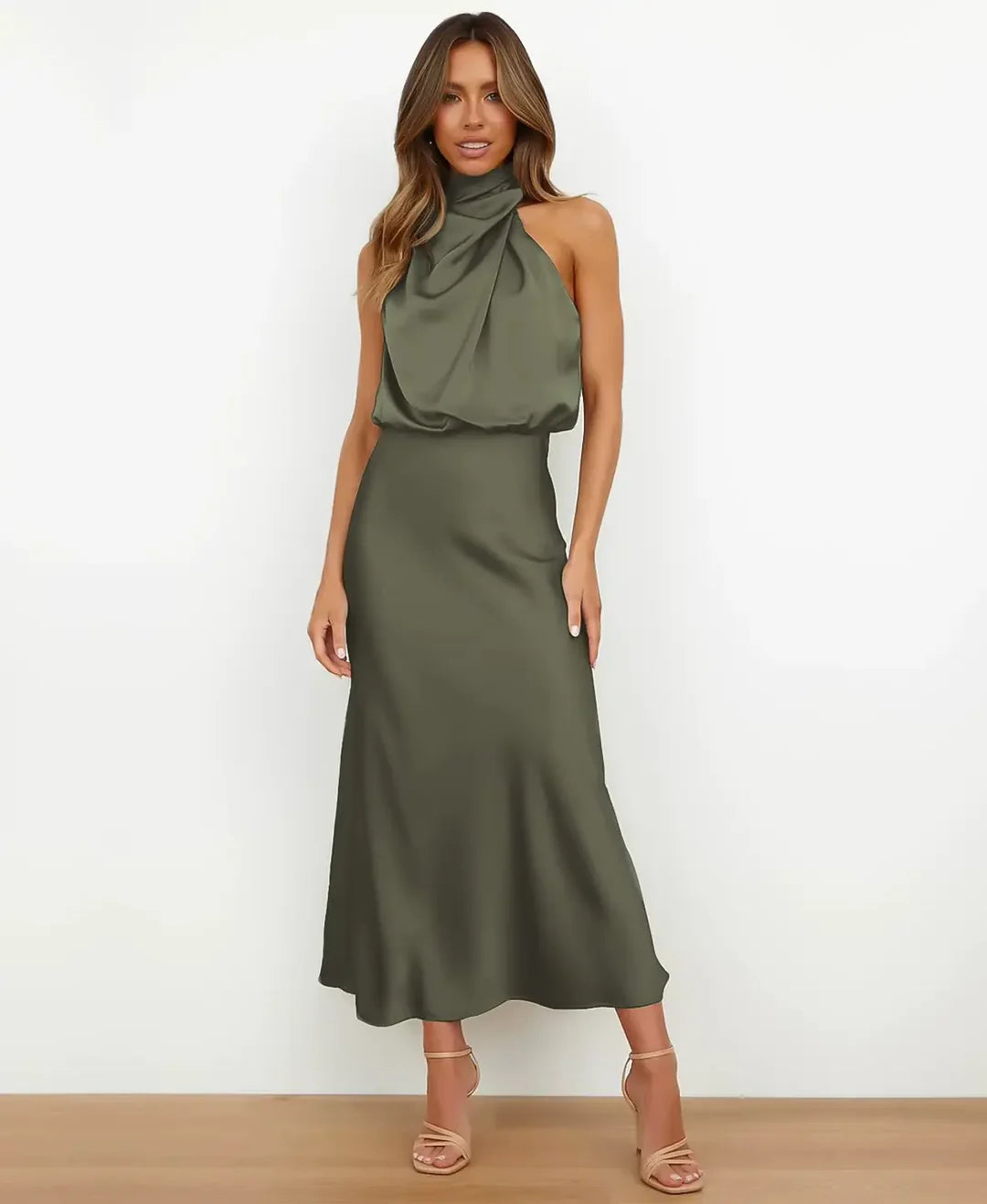 Elegant women's high-waist midi dress, perfect for stylish casual or party events.