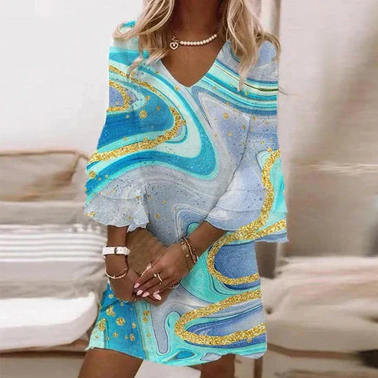 Comfortable women's casual midi dress featuring stylish flowy bell sleeves, ideal for daily summer fashion.