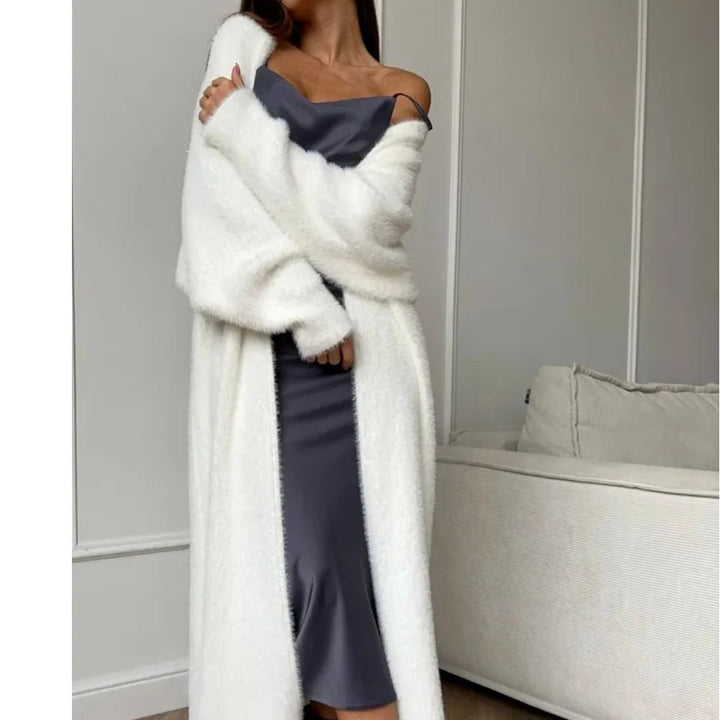 White women's long open front cardigan, loose fit, cozy outerwear for fall & winter layering.