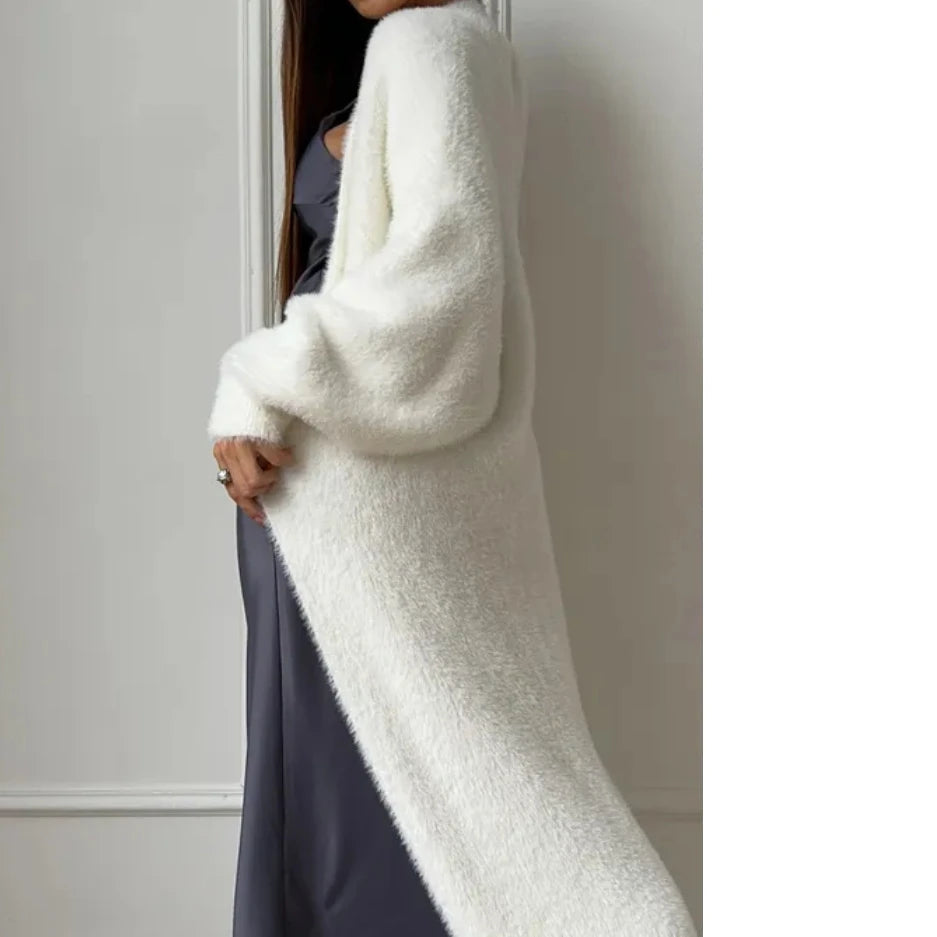 White women's long open-front cardigan with relaxed fit, perfect for fall layering.