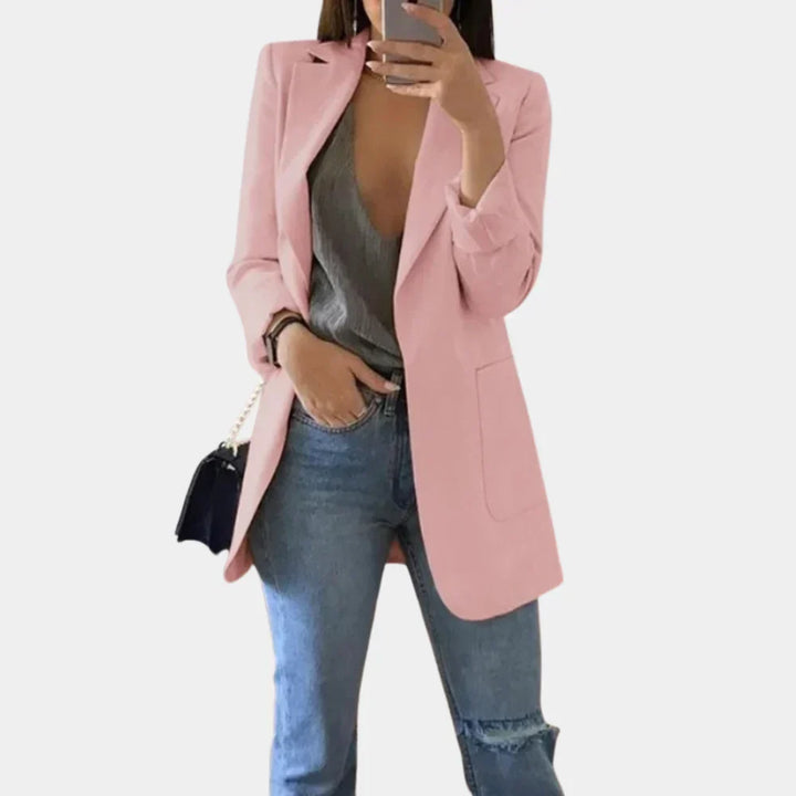 Chic women's longline blazer jacket with an open front, perfect for smart casual & versatile styling.
