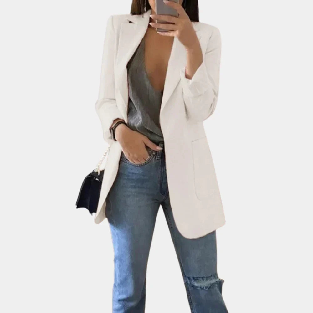 Elegant women's tailored longline blazer jacket, a chic outerwear piece for fall fashion & office style.