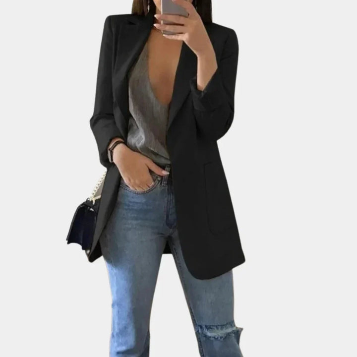 Women's tailored longline blazer jacket, slim fit, elegant for professional wear & office fashion.