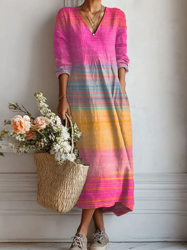 Stylish women's multicolour V-neck midi dress for comfortable summer casual wear. Perfect for effortless everyday fashion.